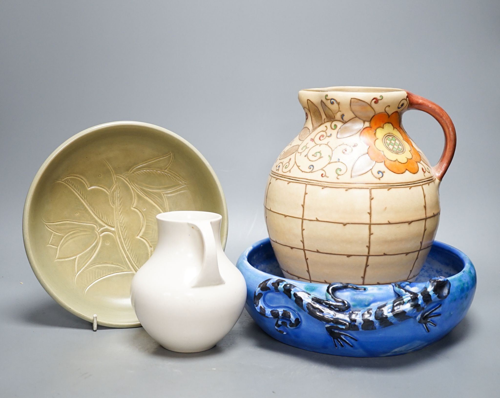 A Charlotte Rhead jug, Moorcroft jug, and 2 bowls